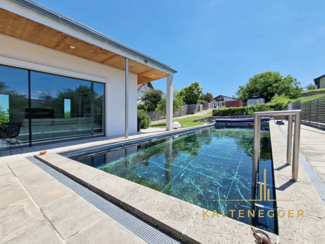 Blick auf das Naturpool und rein in das Wohnzimmer