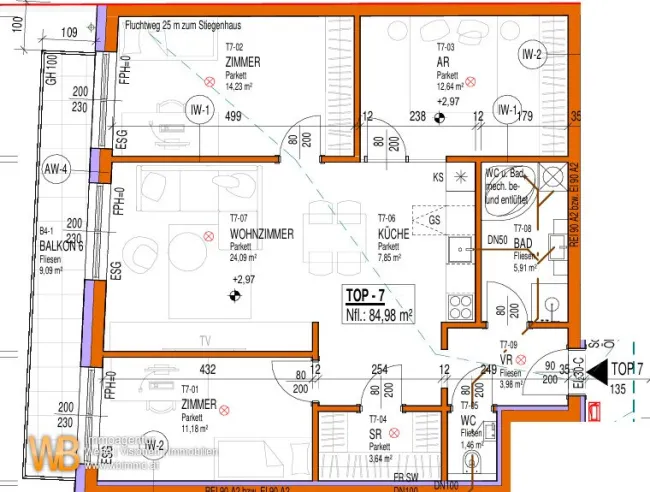 Erstbezug Südwest-Ausrichtung, 85m² WFL + Balkon 9m², 24m² WZ mit offener Küche & 3 Zimmer, 60m² PKW-Stellplatz - Bild