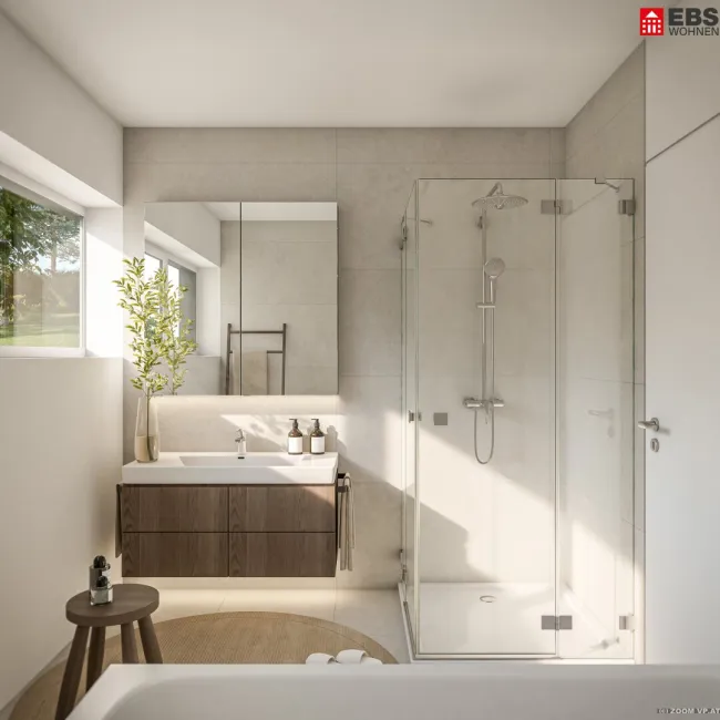 Badezimmer mit Dusche, Badewanne und Fenster