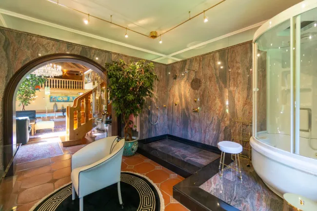 Badezimmer mit Dusche, WC und Sauna