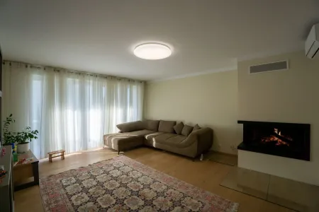 Wohnzimmer mit Kaminofen und Terrassenausgang (Gartengeschoß)
