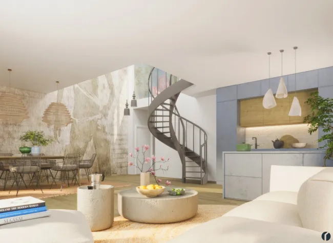 Beispiel Wohnzimmer mit Aufgang zur Dachterrasse