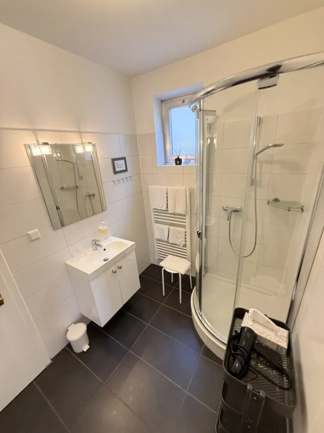 Bad: bestehend aus Dusche + Waschbecken + Spiegel