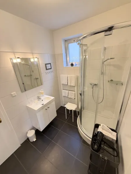 Bad: bestehend aus Dusche + Waschbecken + Spiegel