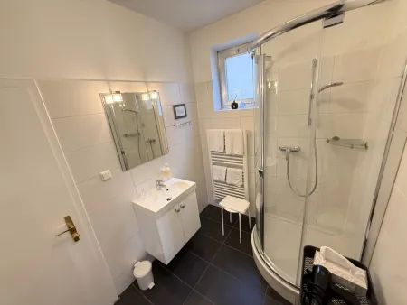 Bad: bestehend aus Dusche + Waschbecken + Spiegel